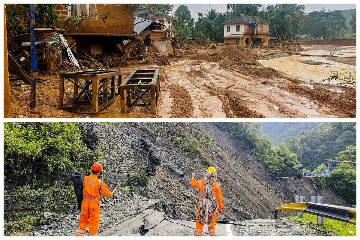 PTI images : Top: Landslide affected areas of Mepaddi in Wayanad district, Thursday | Bottom: NDRF personnel during a rescue operation following cloudburst in Kedarnath. Parts of the footpath near Bhimbali were washed away.